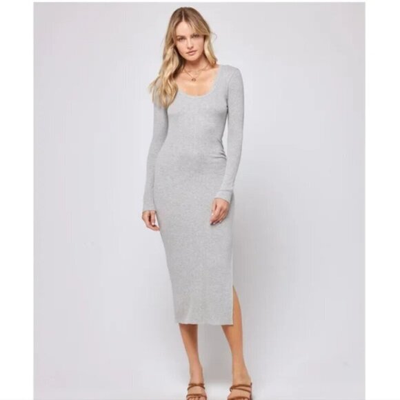 New L*Space Eloise Ribbed Scoop-Neck L/S Side-Slit Heather Grey Dress NWT Medium - Picture 1 of 10
